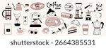 Coffee illustration concept or icons for menu, kitchen, cafe, poster and coffee shop design. Character with coffee mug. Coffee machine, espresso, french press. Vector minimalist art.
