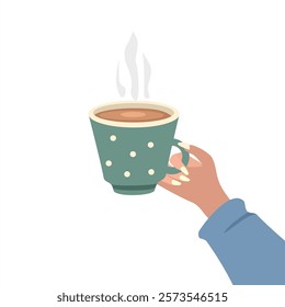 Coffee Illustration. A cup of hot chocolate. Hand hold cup  of coffee. Coffee latte. Cappuccino. Coffee milk. 