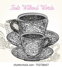 Coffee illustration with cup from positive words. Coffee mood design vector, taste without words