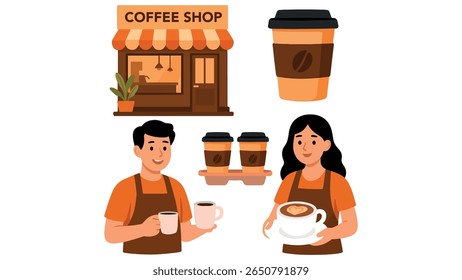 Coffee Illustration – Fresh Brew with Coffee Shop Elements, Espresso Machine, and Roasted Beans for Café, Beverage, and Barista Design Themes Logo