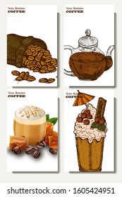 Coffee illustration. Hand drawn  banner. Coffee beans, bag, Realistic vector