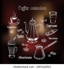 Coffee illustration hand drawn collection. Vector sketch illustration set with cezve, Kettle, Cups, Latte, Cinnamon, Star Anise, Coffee Beans design. Hand drawn vector banner.