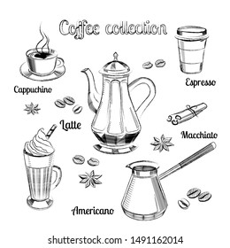 Coffee illustration hand drawn collection. Vector sketch illustration set with cezve, Kettle, Cups, Latte, Cinnamon, Star Anise, Coffee Beans design. Hand drawn vector banner.