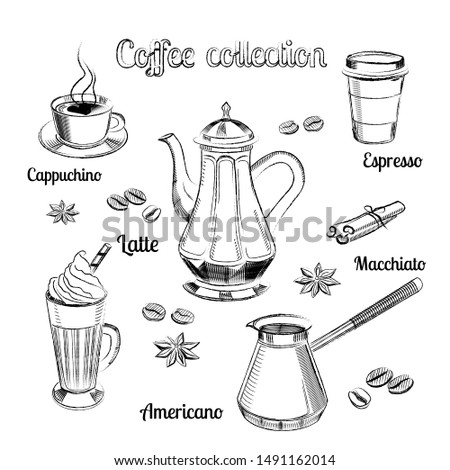 Coffee illustration hand drawn collection. Vector sketch illustration set with cezve, Kettle, Cups, Latte, Cinnamon, Star Anise, Coffee Beans design. Hand drawn vector banner.