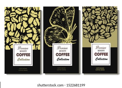 Coffee illustration. Hand drawn vector banner. Coffee beans, butterfly