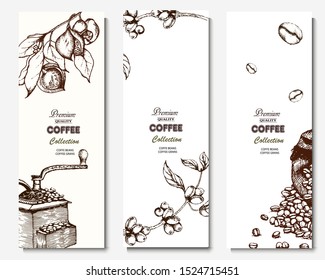 Coffee Illustration. Hand Drawn Vector Banner. Coffee Beans, Leaves, Branch, Flowers. Coffe Macine