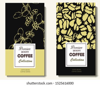 Coffee illustration. Hand drawn vector banner. Coffee beans, leaves, branch,