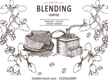 Coffee illustration. Hand drawn vector banner. Coffee beans, leaves, branch, bag,