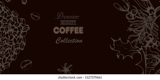 Coffee illustration. Hand drawn vector banner. Coffee beans, leaves, branch,