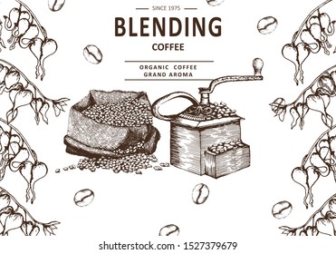 Coffee illustration. Hand drawn vector banner. Coffee beans, leaves, branch, bag,