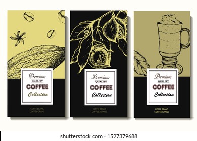 Coffee illustration. Hand drawn vector banner. Coffee beans, leaves, branch,