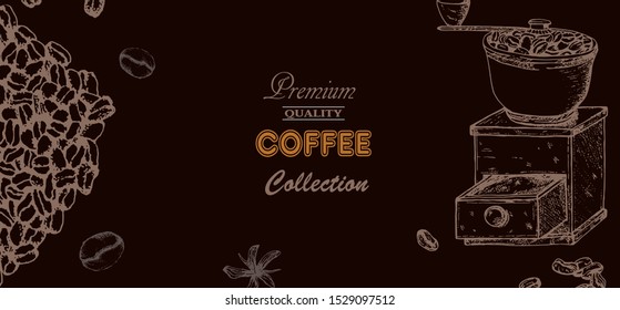 Coffee illustration. Hand drawn vector banner. Coffee beans, coffee machine
