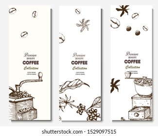 Coffee illustration. Hand drawn vector banner. Coffee beans, leaves, branch, bag, coffee machine,
