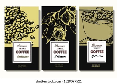 Coffee illustration. Hand drawn vector banner. Coffee beans, leaves, branch, bag,