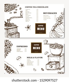 Coffee illustration. Hand drawn vector banner. Coffee beans, leaves, branch, bag, coffee machine,