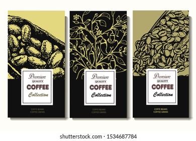 Coffee illustration. Hand drawn vector banner. Coffee and cocoa beans.