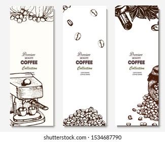 Coffee illustration. Hand drawn vector banner. Coffee beans, bag, coffee machine,