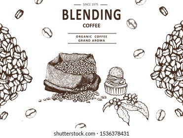 Coffee illustration. Hand drawn vector banner. Coffee beans, bag, cake,