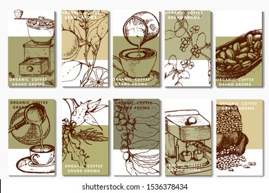 Coffee illustration. Hand drawn vector banner. Coffee beans, bag, coffee machine, orange, branch, cups.