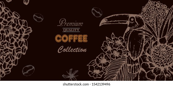 Coffee illustration. Hand drawn vector banner. Coffee beans, bird, flowers,