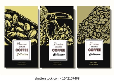 Coffee illustration. Hand drawn vector banner. Coffeeand cocoa beans, flowers, bird,