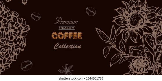 Coffee illustration. Hand drawn vector banner. Coffee beans, flowers.