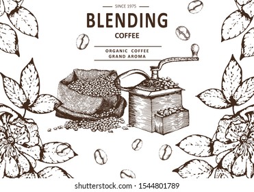 Coffee illustration. Hand drawn vector banner. Coffee beans, bag, machine, flowers,