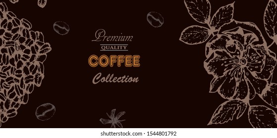 Coffee illustration. Hand drawn vector banner. Coffee beans, flowers.