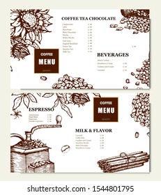 Coffee illustration. Hand drawn vector banner. Coffee beans, leaves, branch, Menu