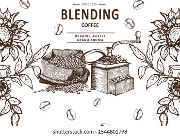 Coffee illustration. Hand drawn vector banner. Coffee beans, bag, machine, flowers,