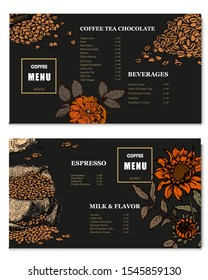 Coffee illustration. Hand drawn vector banner. Coffee beans, leaves, branch, Menu