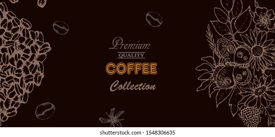 Coffee illustration. Hand drawn vector banner. Coffee beans, flowers, butterfly.