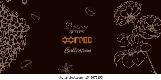 Coffee illustration. Hand drawn vector banner. Coffee beans, flowers.
