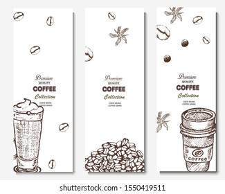 Coffee illustration. Hand drawn vector banner. Coffee beans, cups.