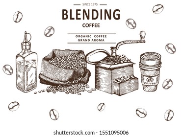 Coffee illustration. Hand drawn vector banner. Coffee beans, bag, machine, cup,