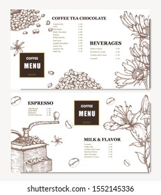 Coffee illustration. Hand drawn vector banner. Coffee beans, coffee machine, flowers, Menu