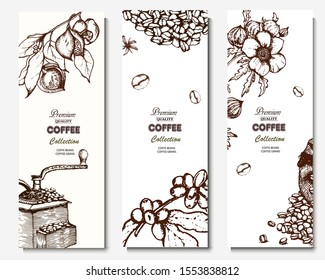 Coffee illustration. Hand drawn vector banner. Coffee beans, bag, coffee machine,