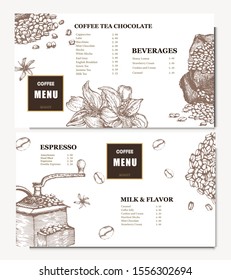 Coffee illustration. Hand drawn vector banner. Coffee beans, coffee machine, flowers, Menu