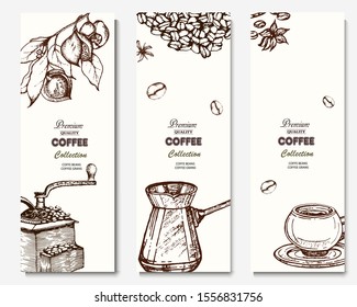 Coffee illustration. Hand drawn vector banner. Coffee beans, cup, flowers,