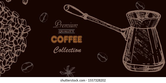 Coffee illustration. Hand drawn vector banner. Coffee beans.