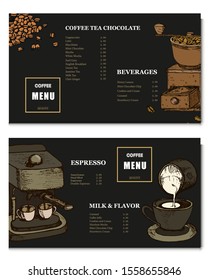 Coffee illustration. Hand drawn vector banner. Coffee beans, coffee machine, cups, Menu
