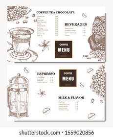 Coffee illustration. Hand drawn vector banner. Coffee beans, coffee machine, cups, Menu