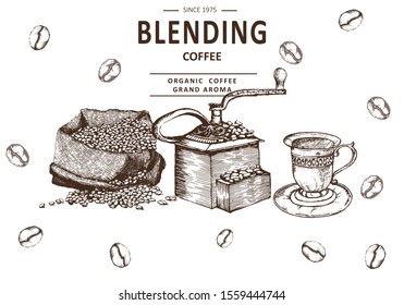 Coffee illustration. Hand drawn vector banner. Coffee beans, bag, machine, cup,
