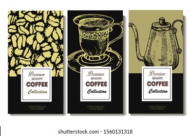 Coffee illustration. Hand drawn vector banner. Coffee beans, cup.