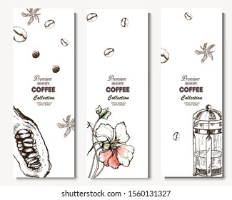 Coffee illustration. Hand drawn vector banner. Coffee and cocoa beans, cup, bag