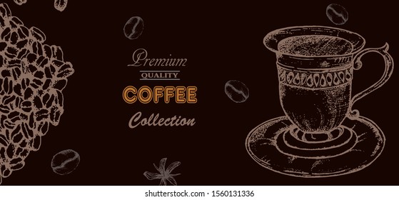 Coffee illustration. Hand drawn vector banner. Coffee beans.