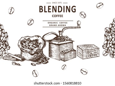 Coffee illustration. Hand drawn vector banner. Coffee beans, bag, machine, box,
