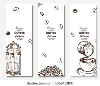 Coffee illustration. Hand drawn vector banner. Coffee beans, cup