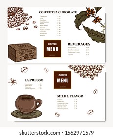 Coffee illustration. Hand drawn vector banner. Coffee beans, branch, bag. box, Menu