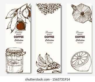 Coffee illustration. Hand drawn vector banner. Coffee beans, branch, lemon